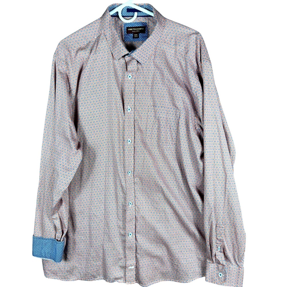 Johnston & Murphy Button Down Shirt Mens XXXL Orange Blue Geometric Micro Print‎